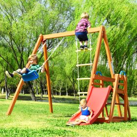 Wooden Swing Set with Slide, Outdoor Playset Backyard Activity Playground Climb Swing Outdoor Play Structure for Toddlers